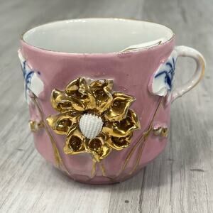 Vintage Victorian Raised Floral Accent Gold Trim Mustache Guard Mug Cup Decor